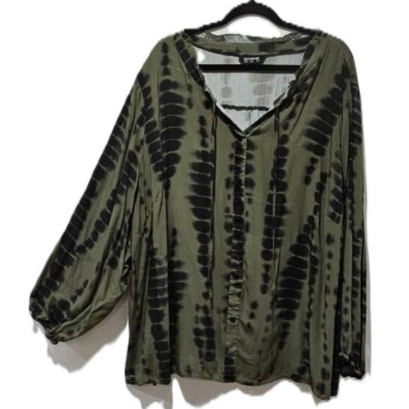 7Os RETRO OLIVE & DARK GREEN TIE DYE ¾ SLEEVE BUTTON DOWN BOHO TOP BLOUSE 4X - Picture 1 of 4